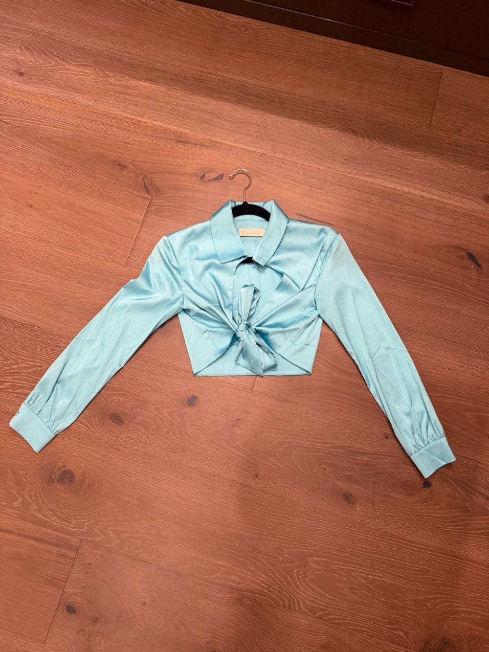 Meshki Sky Blue Satin Tie-Front Crop Top